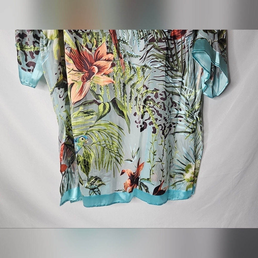 Chicos Tropical Parrot Ruana Multi-Colored Aqua Semi-Sheer Kimono Size S/M - Picture 7 of 9